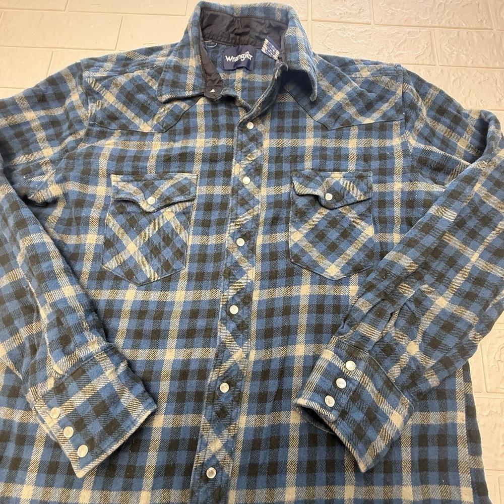 Wrangler Western Pearl Snap Shirt Mens Large Tall Blue Black Plaid Flannel Work